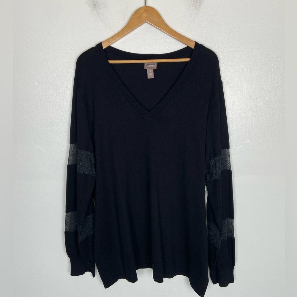 Chico's Apparel V-Neck Sweater Size 4 US XXL Blk Sheer Puff Sleeves Minimalist